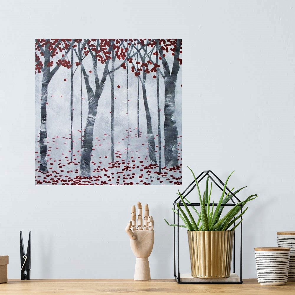 A bohemian room featuring Autumn landscape with trees and red leaves falling to the ground on a gray background.