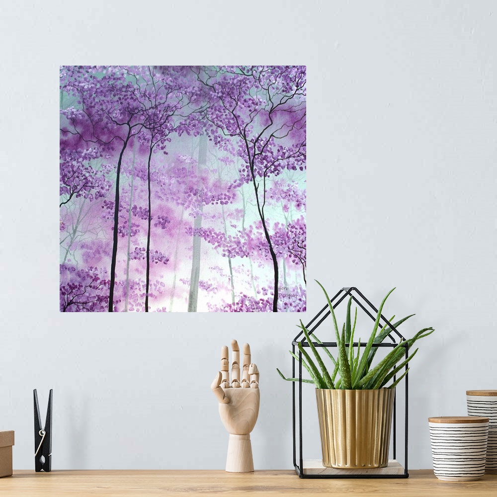 A bohemian room featuring Representing the beauty of a misty morning forest. This painting will bring a peaceful tranquilit...