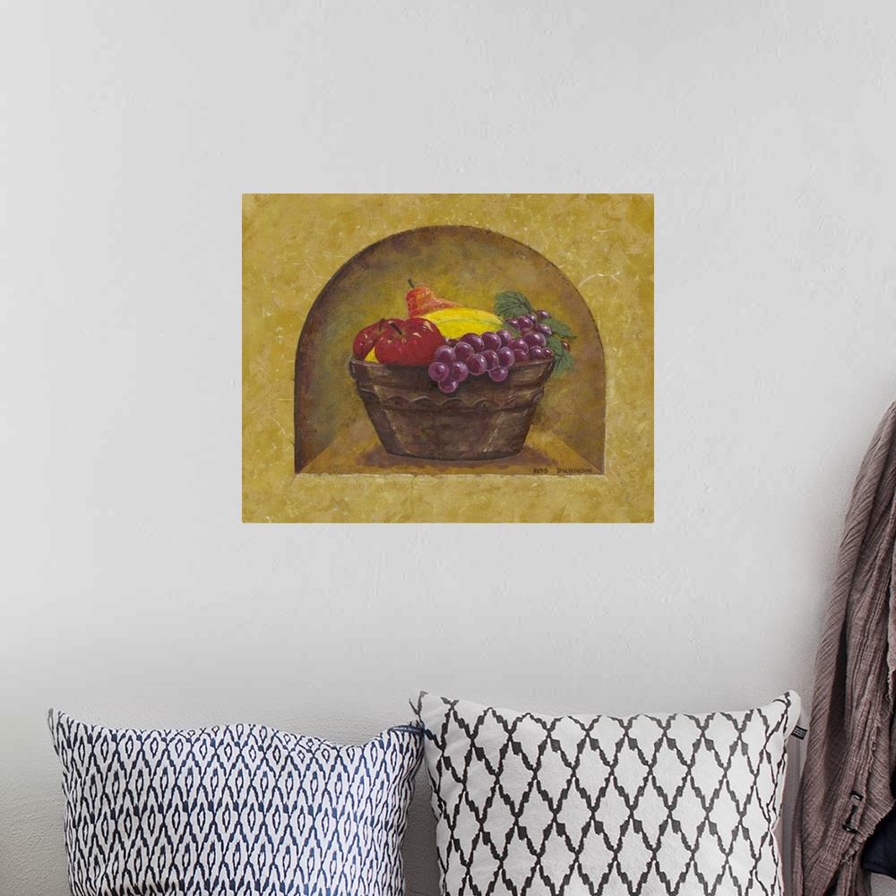 A bohemian room featuring Old world style painting of a bowl of fruit.