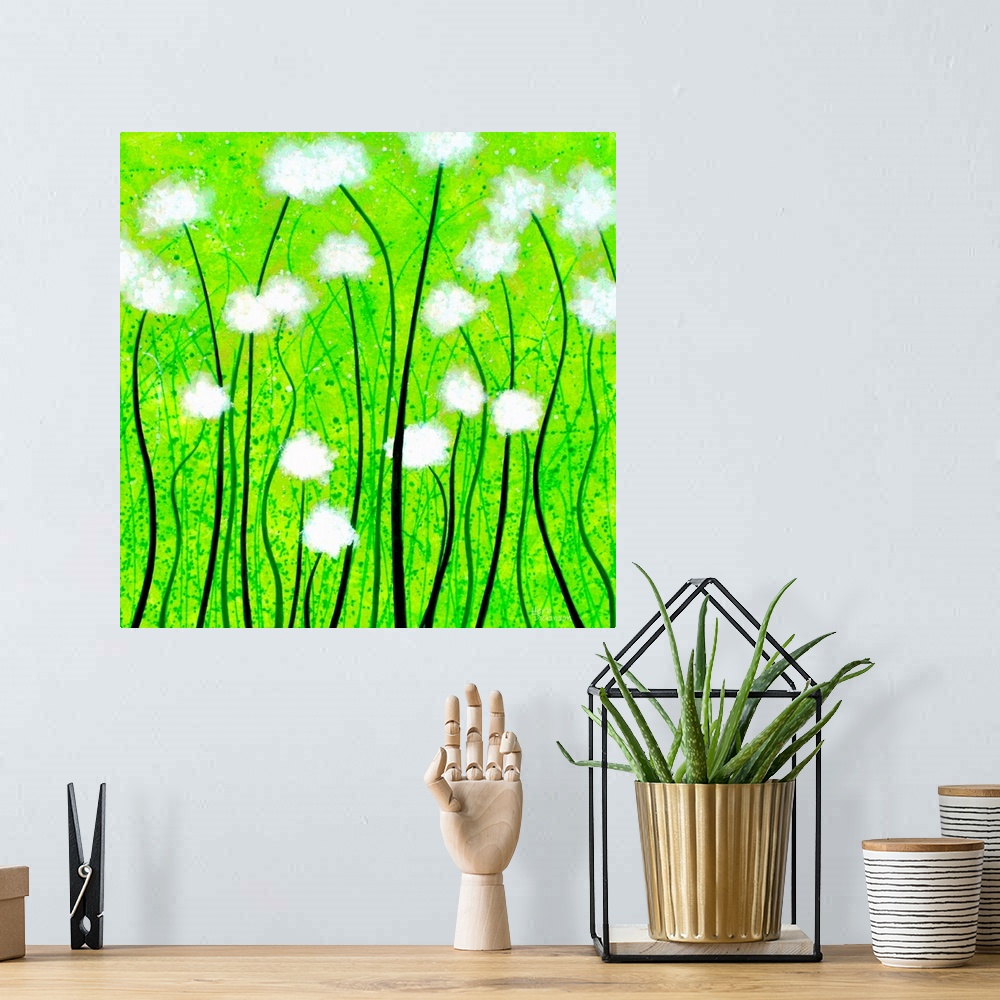A bohemian room featuring Fuzzy white flowers on a bright green square background.