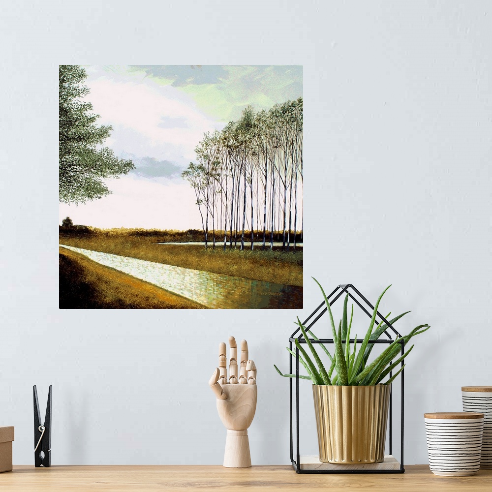 A bohemian room featuring Landscape with skinny trees and a stream running through the middle.