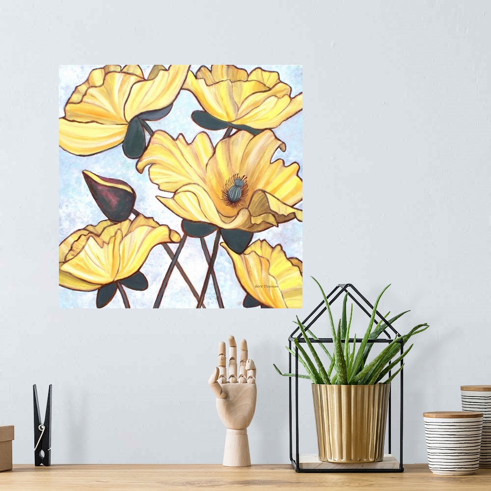 A bohemian room featuring Square painting of yellow flowers on a light white, blue, and purple background.