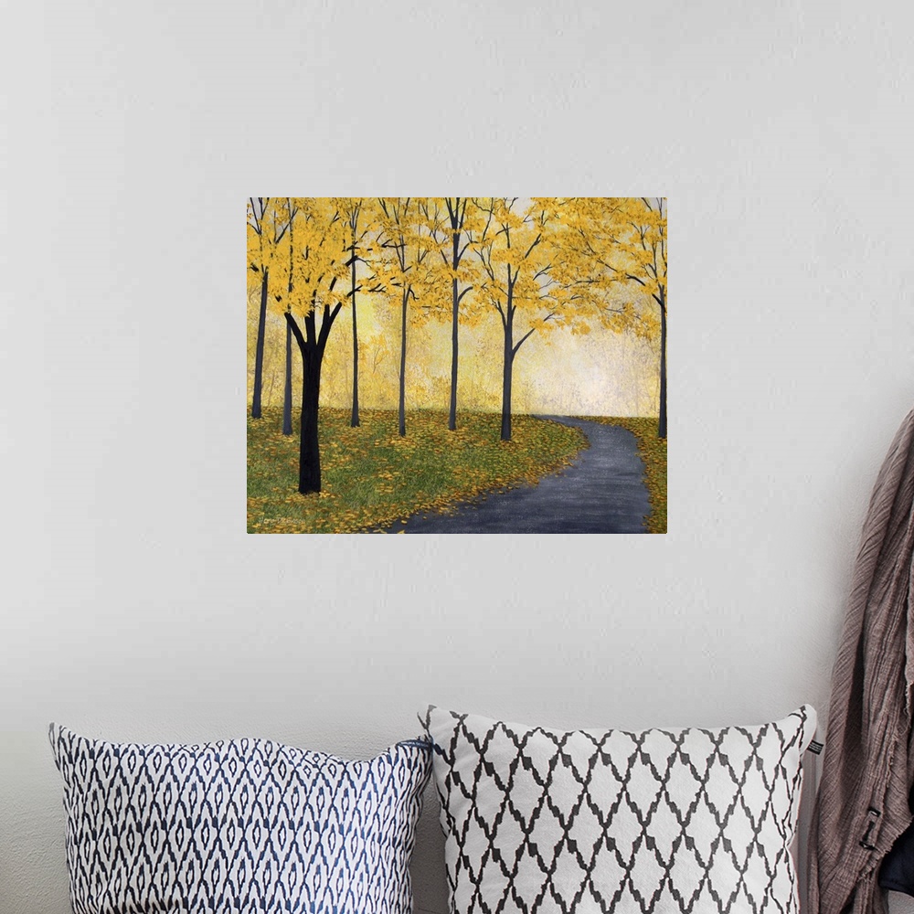 A bohemian room featuring Contemporary painting of a road winding through yellow Autumn trees.