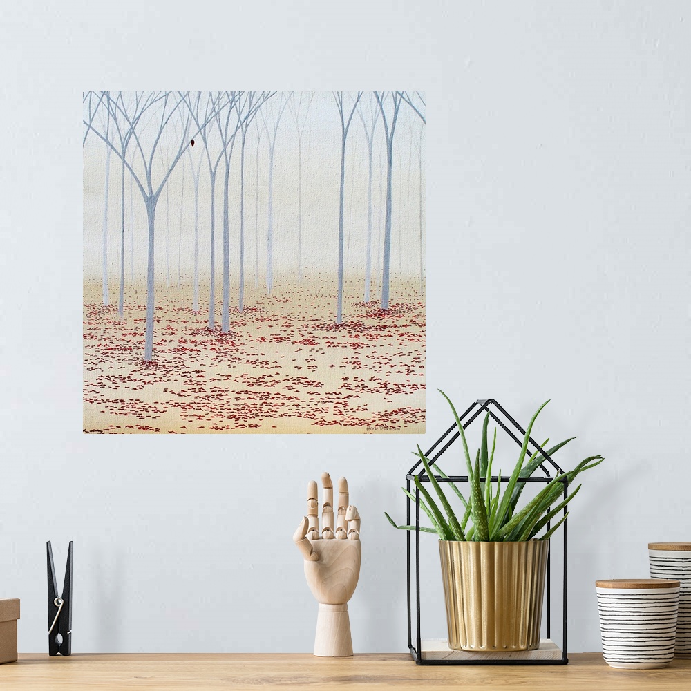 A bohemian room featuring Square minimalist painting of bare, gray trees with red leaves on the forest floor.