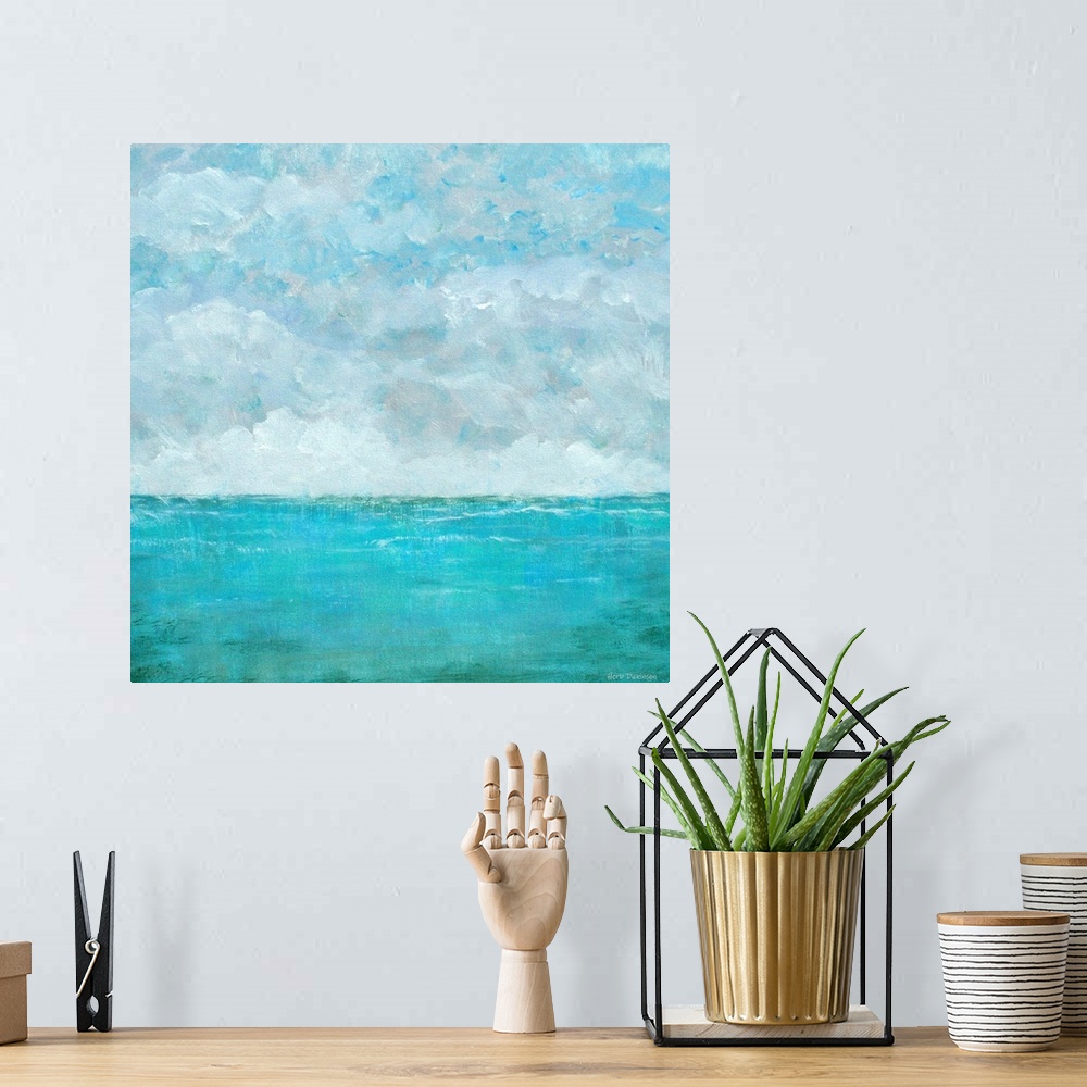 A bohemian room featuring Abstract seascape with a cloudy sky on a square background.