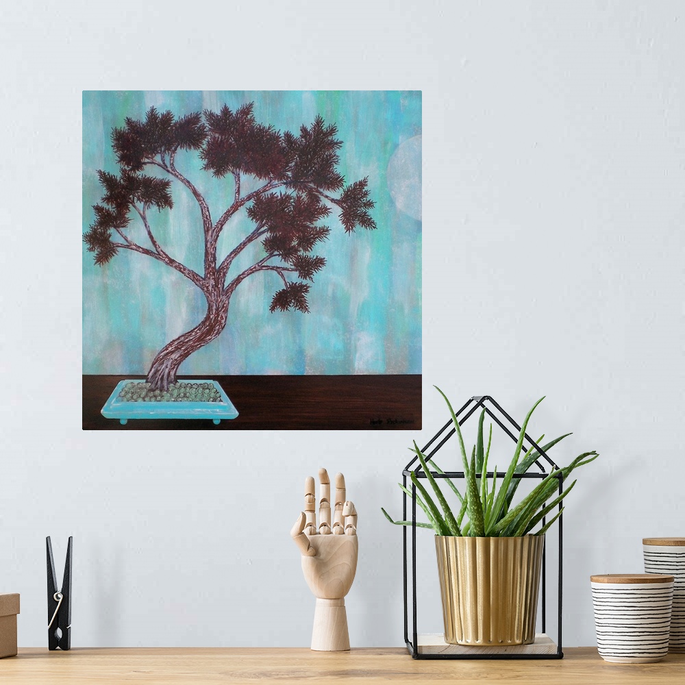 A bohemian room featuring Painting in aqua blues/greens and brown with a Feng Shui asian feel.