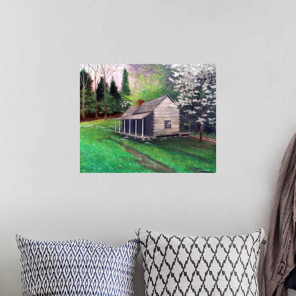 A bohemian room featuring Contemporary painting of an old cabin is in the park area at Gatlinburg, Tennessee.