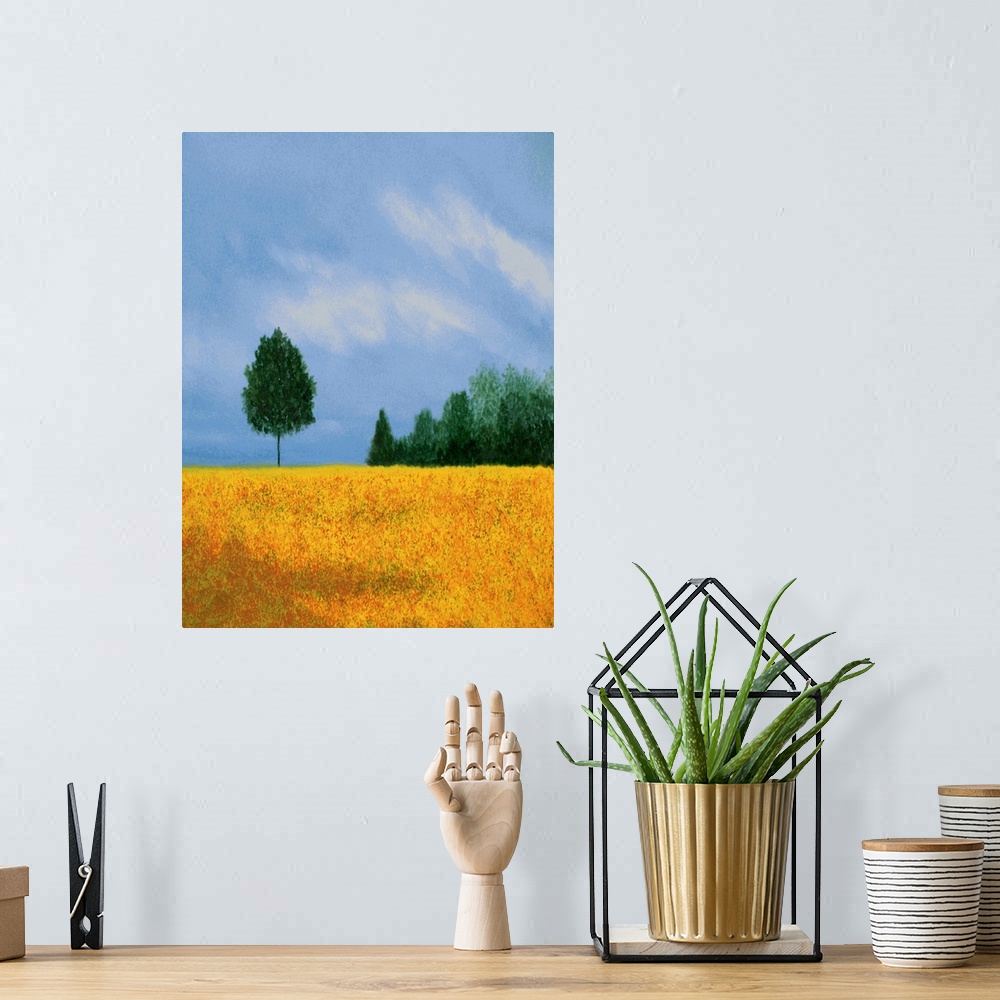A bohemian room featuring Vertical landscape painting with a golden field in the foreground and trees in the background.