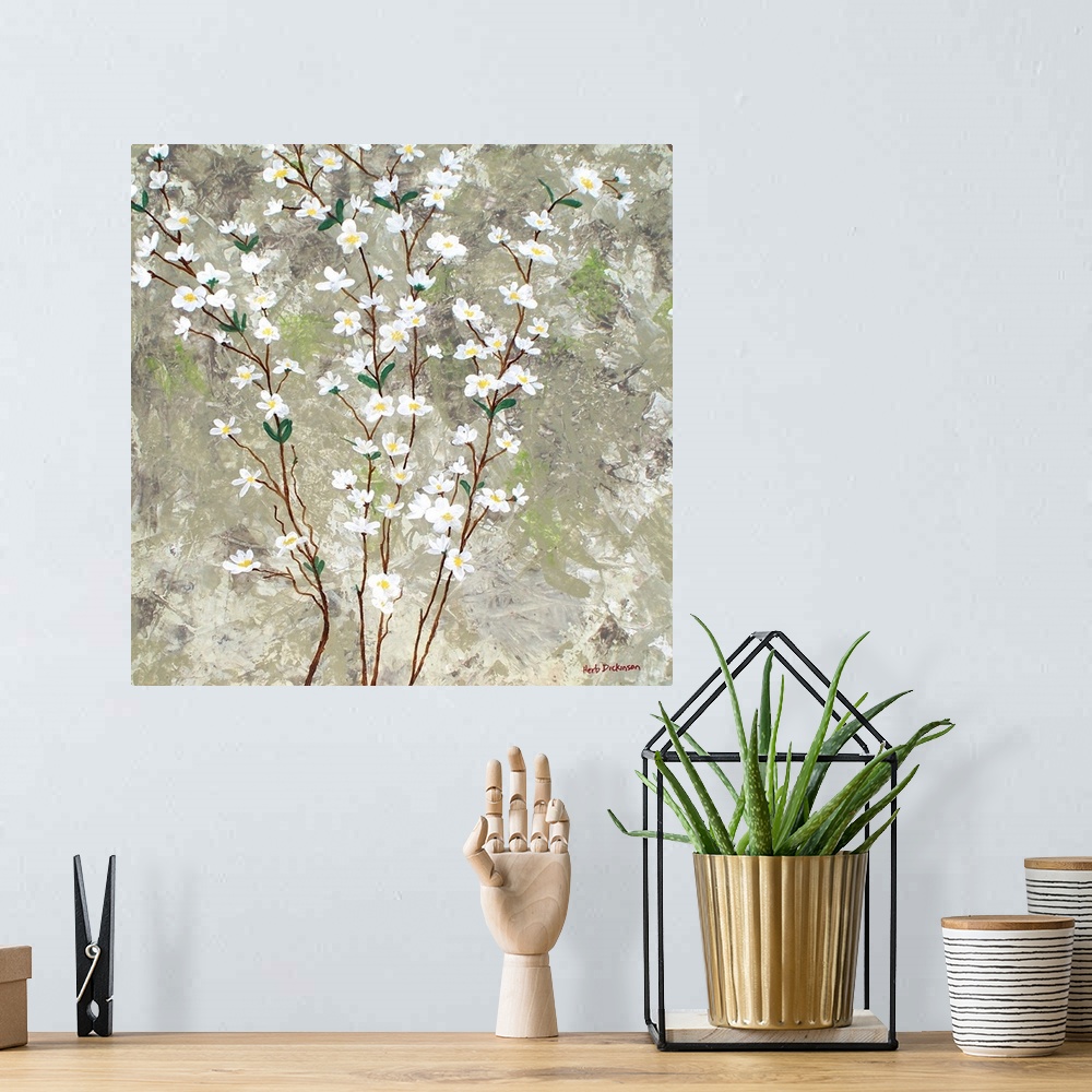 A bohemian room featuring Contemporary painting of thin branches with white pear blossom flowers running vertically up the ...