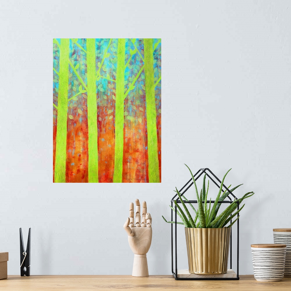 A bohemian room featuring Bright green trees with a blue, orange, and red background resembling a rain forest.