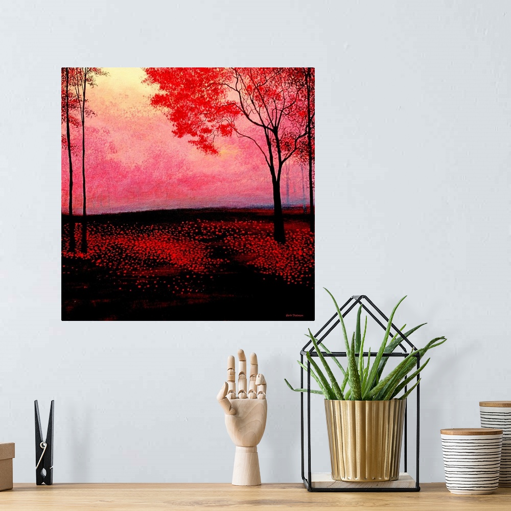 A bohemian room featuring Red forest landscape painting on a square background with dramatic black shadows.