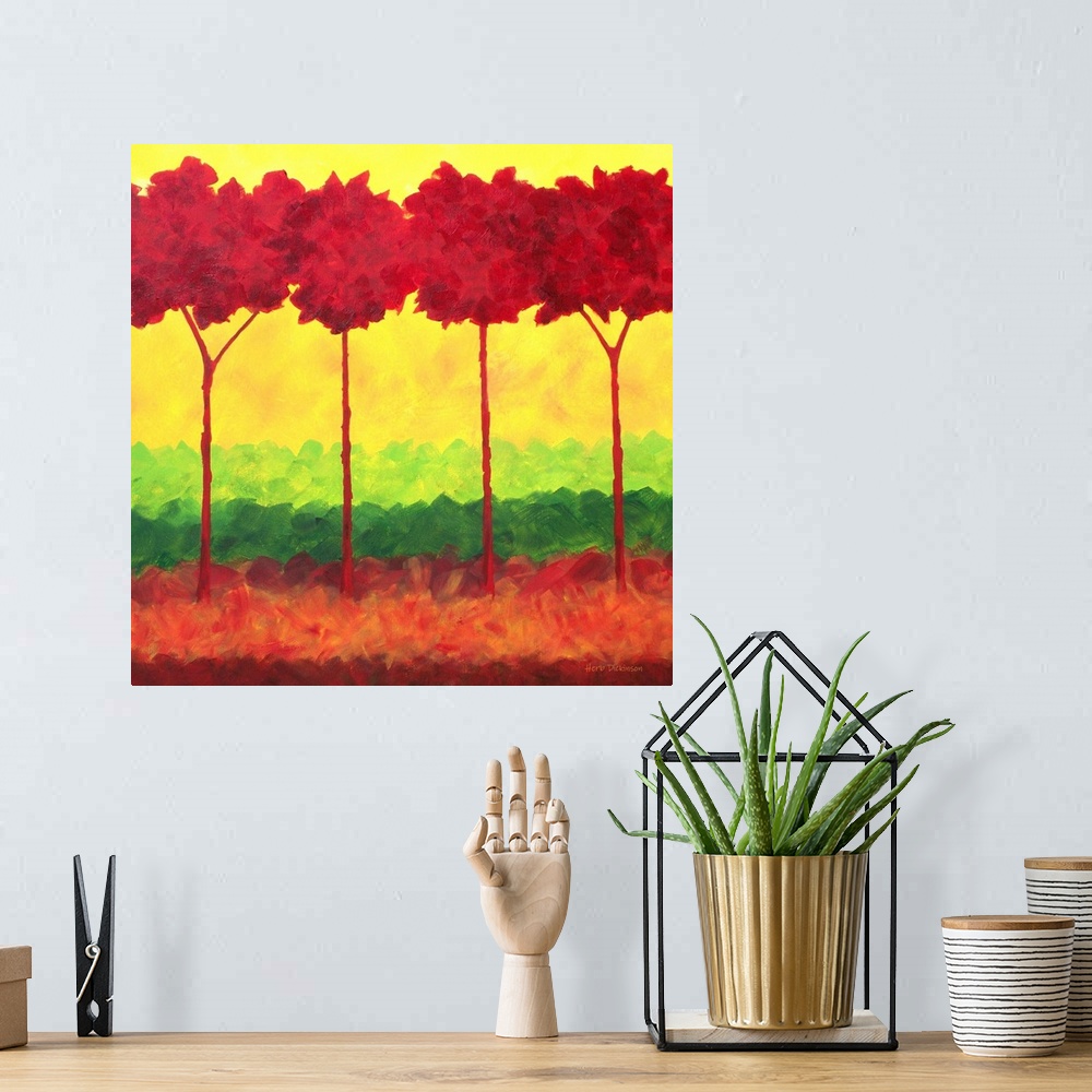 A bohemian room featuring Colorful landscape with bold red trees and a background made with layers of green, red, and yellow.