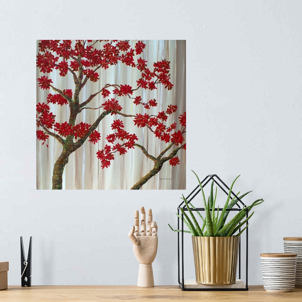 A bohemian room featuring Square painting of tree branches with red leaves on a background made with shades of brown and wh...