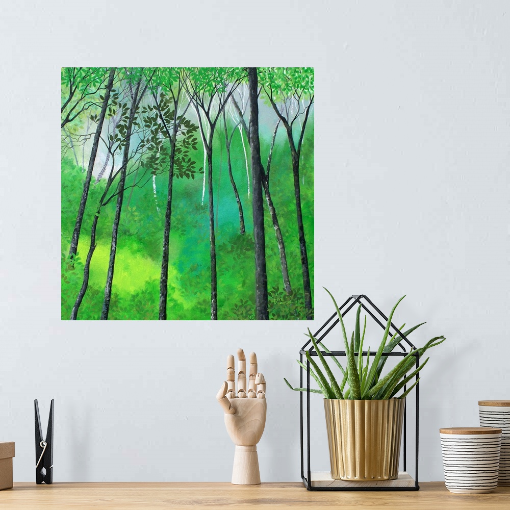 A bohemian room featuring Landscape painting of trees inside Sherwood forest in shades of green with hints of blue.