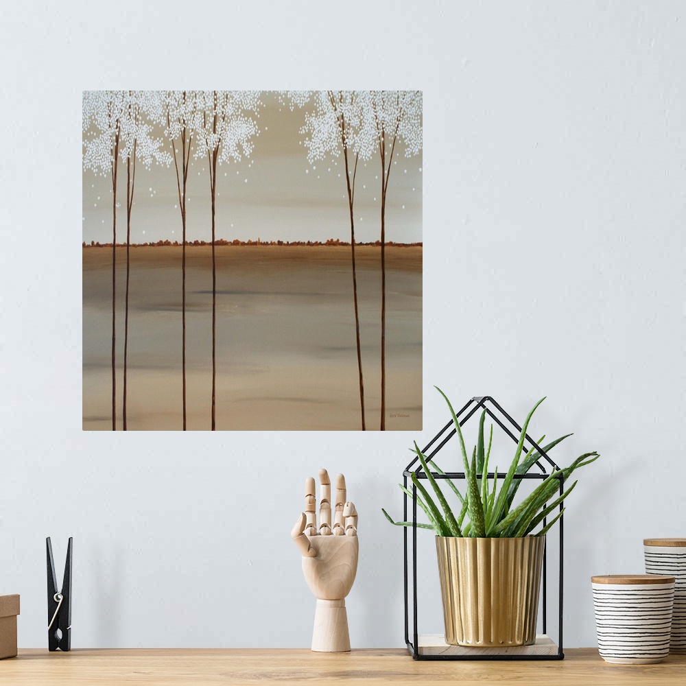 A bohemian room featuring Minimalist square painting of tall Spring trees with white blossoms.