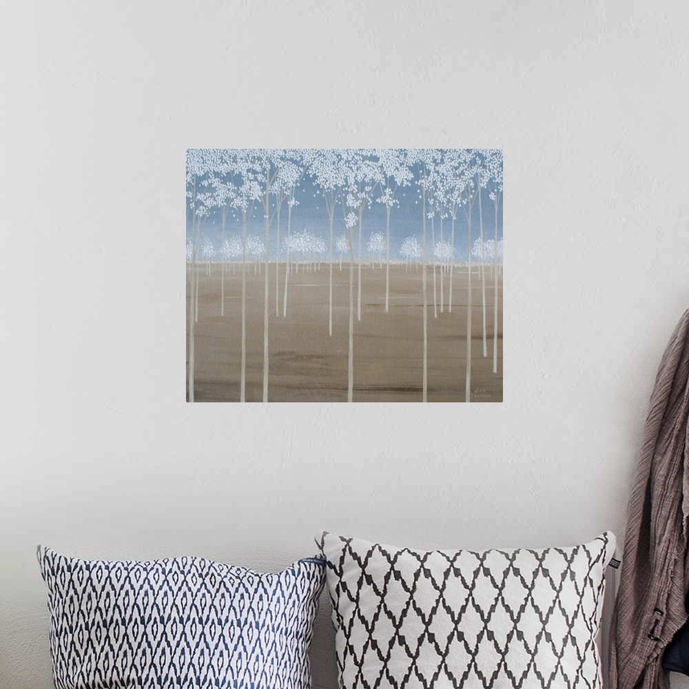 A bohemian room featuring Minimalist painting of tall Spring trees with white blossoms.