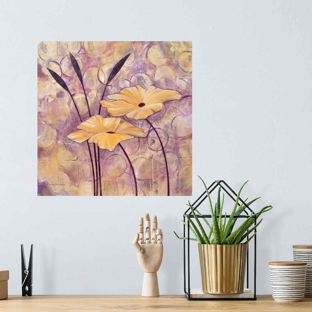 A bohemian room featuring Contemporary painting of two golden flowers on an abstract background made with circular shapes a...
