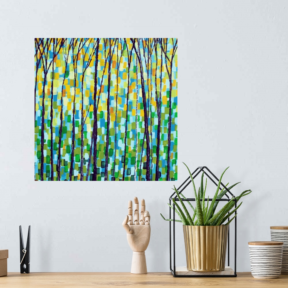 A bohemian room featuring Square painting of an abstract forest landscape with tall, thin, bare trees and short brushstroke...