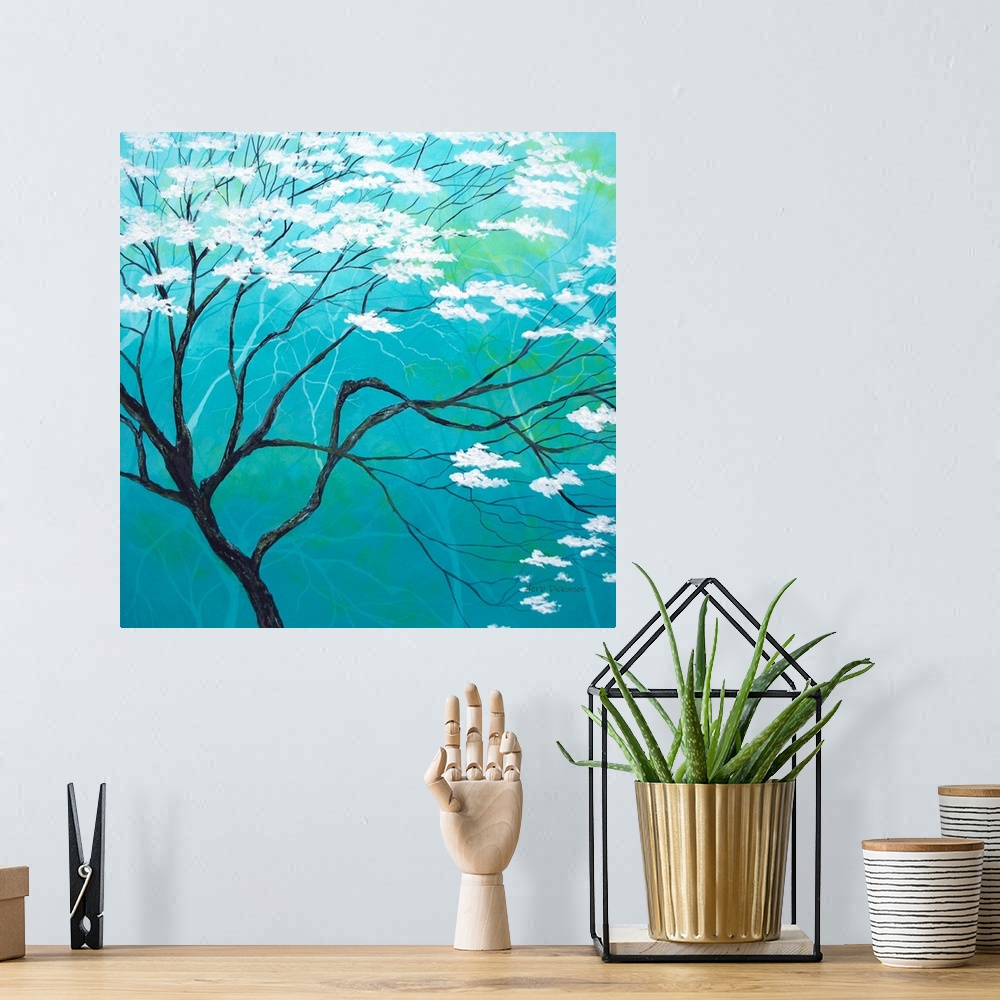 A bohemian room featuring Tranquil painting of a swaying tree with white blossoms on a blue and green background with faint...