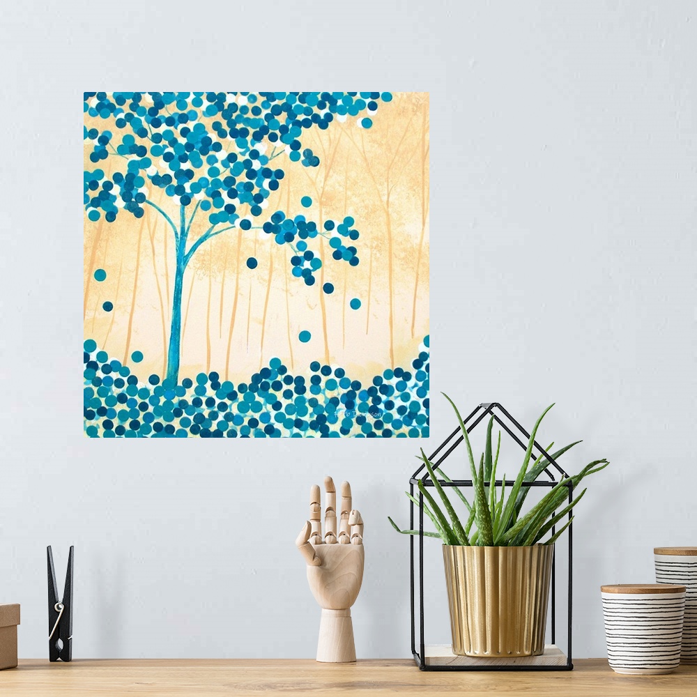 A bohemian room featuring Abstract turquoise tree with circular leaves on a golden background with silhouetted trees.