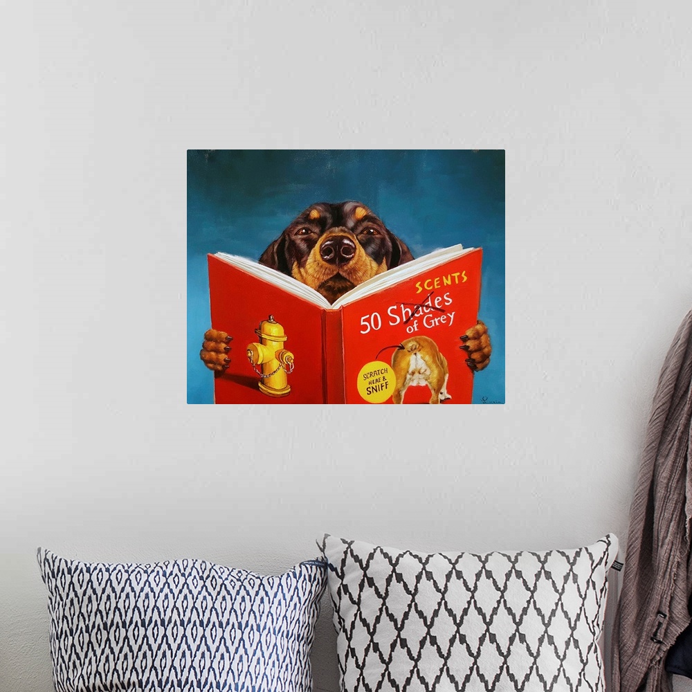 A bohemian room featuring A painting of a dog reading "50 Scents of Grey".