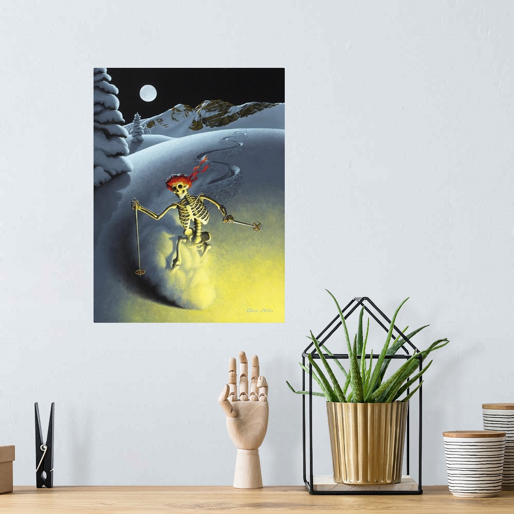 A bohemian room featuring Whimsical painting of a skeleton skiing down a mountain at night.