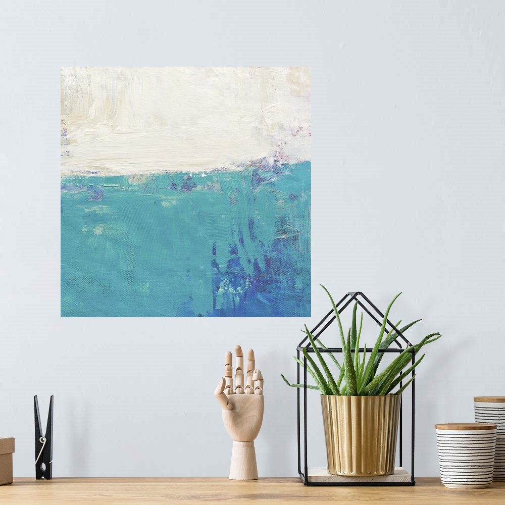 A bohemian room featuring Contemporary abstract colorfield painting using aqua and white in a distressed style.