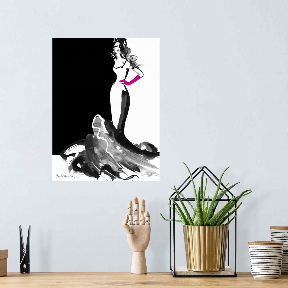 A bohemian room featuring Contemporary fashion artwork of a woman wearing a long dress and long pink gloves.