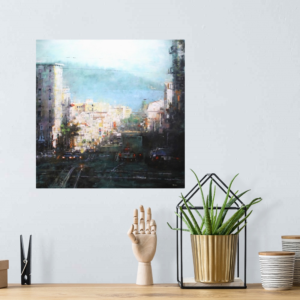 A bohemian room featuring Contemporary painting of an urban scene, with cars on the road looking out over the bay.