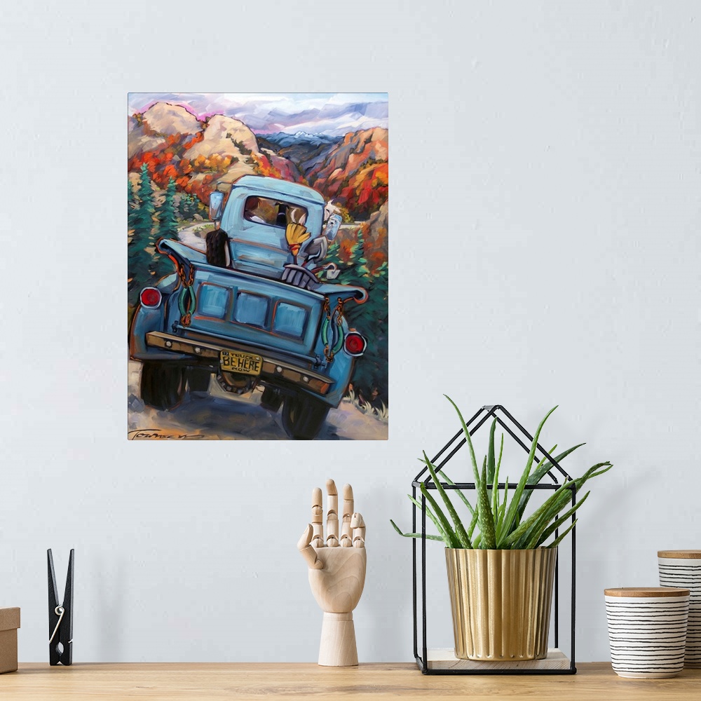 A bohemian room featuring Thick brush strokes create a humorous scene of a dogs riding in a truck on a country road.