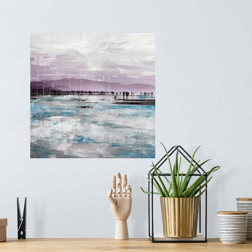 A bohemian room featuring Square mixed media artwork of people walking along a beach.