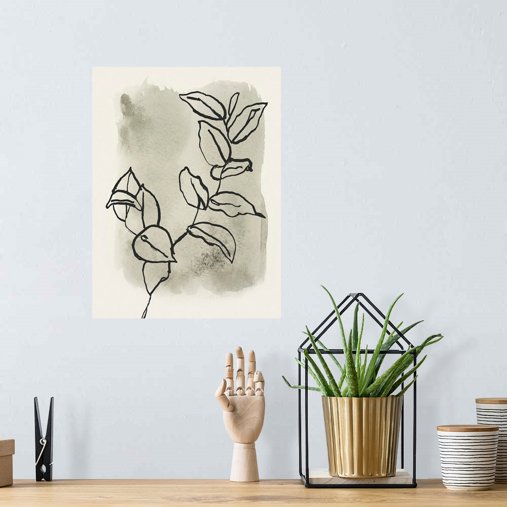 A bohemian room featuring A minimalist illustration of a branch of leaves on a neutral watercolor wash background