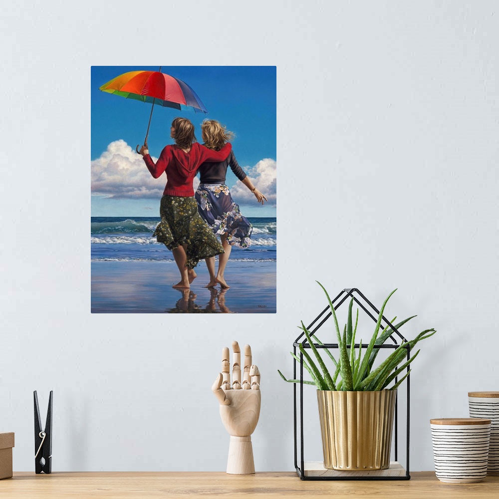 A bohemian room featuring A contemporary painting of two woman walking along the beach waves while holding an umbrella.