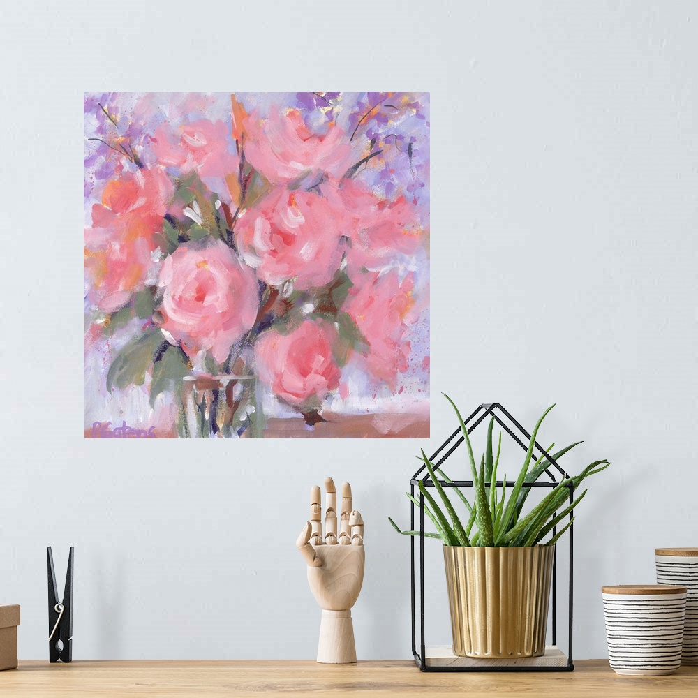 A bohemian room featuring A square contemporary painting of a vase of flowers in pastel colors of pink and purple.