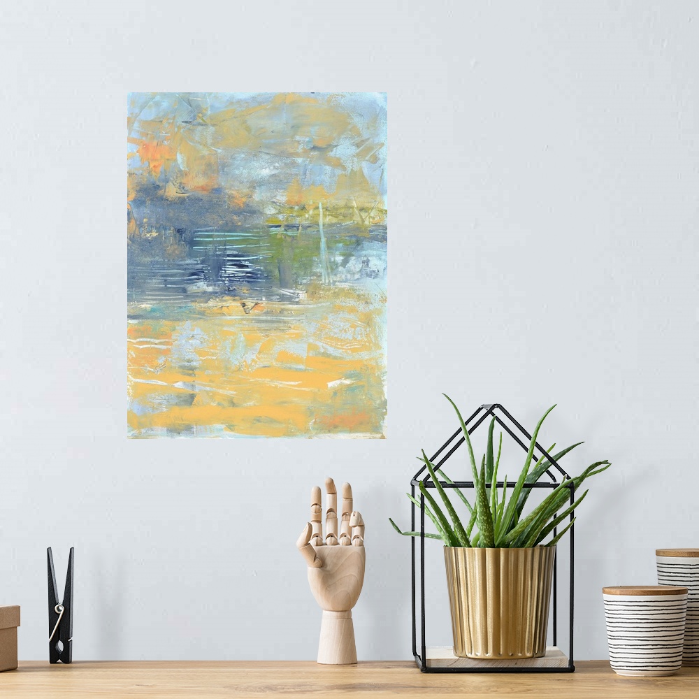 A bohemian room featuring Abstract painting of the Chesapeake Bay in muted yellow, navy, and powder blue.