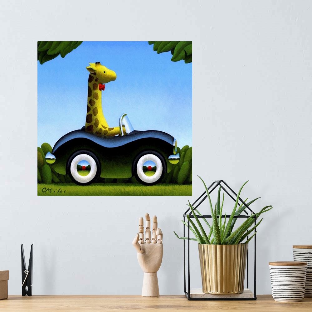 A bohemian room featuring Whimsical painting of a giraffe in a bowtie driving a car.