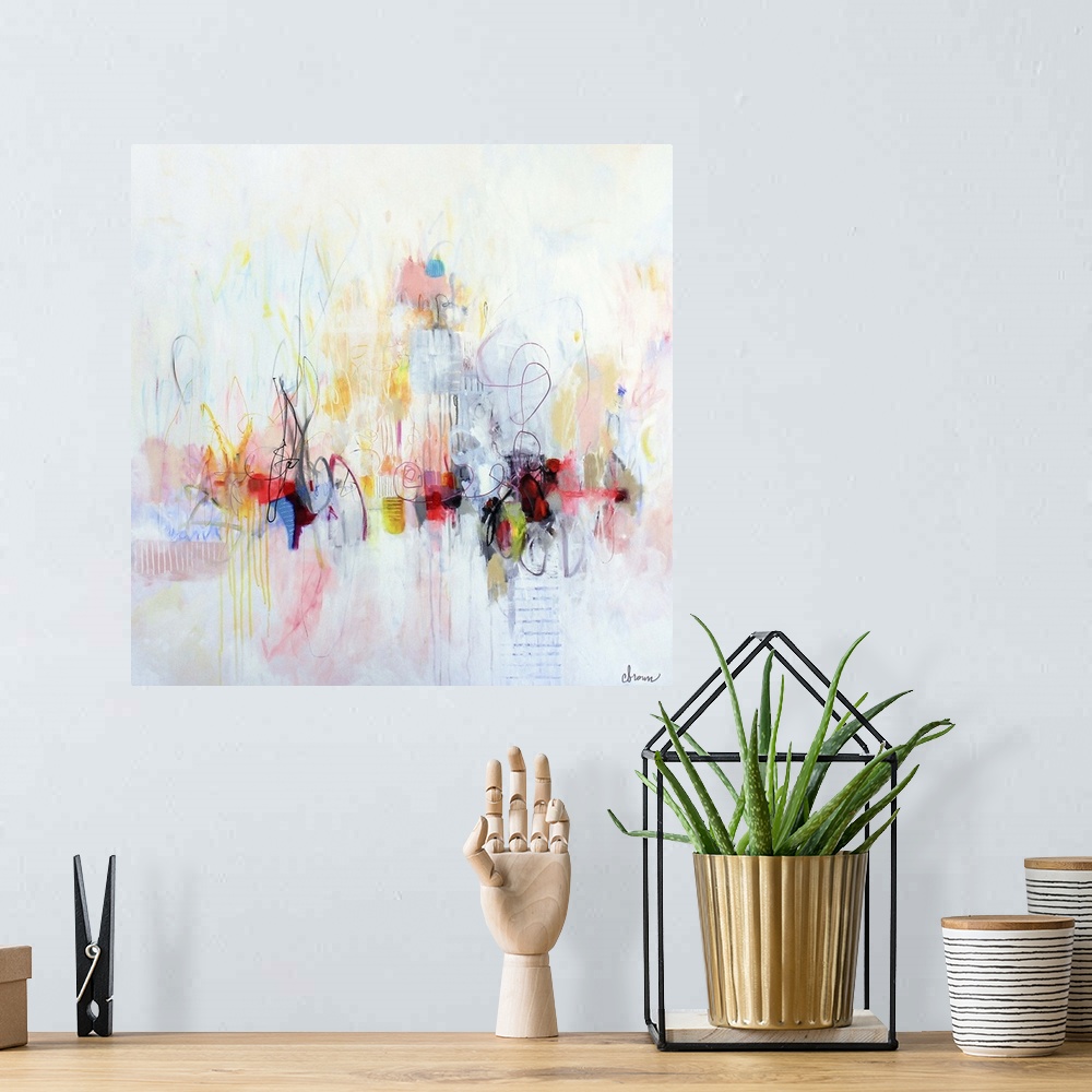 A bohemian room featuring Contemporary abstract painting using bright vibrant neon splashes of color against a soft pink an...