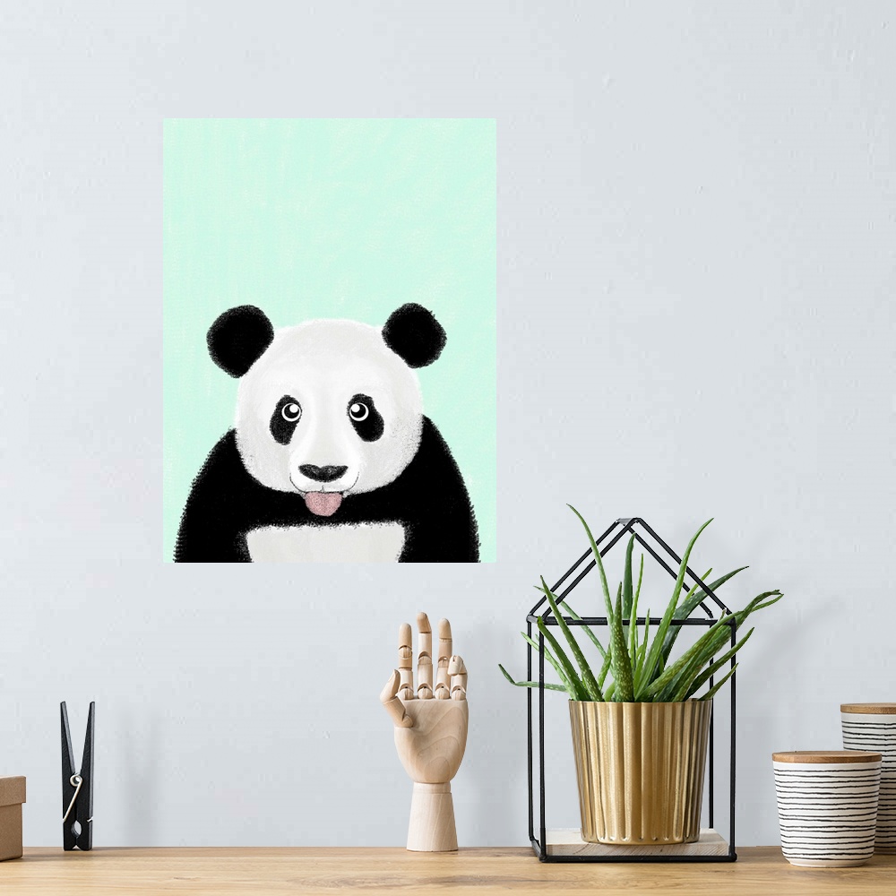 A bohemian room featuring A humorous illustration of a panda with it's tongue out.