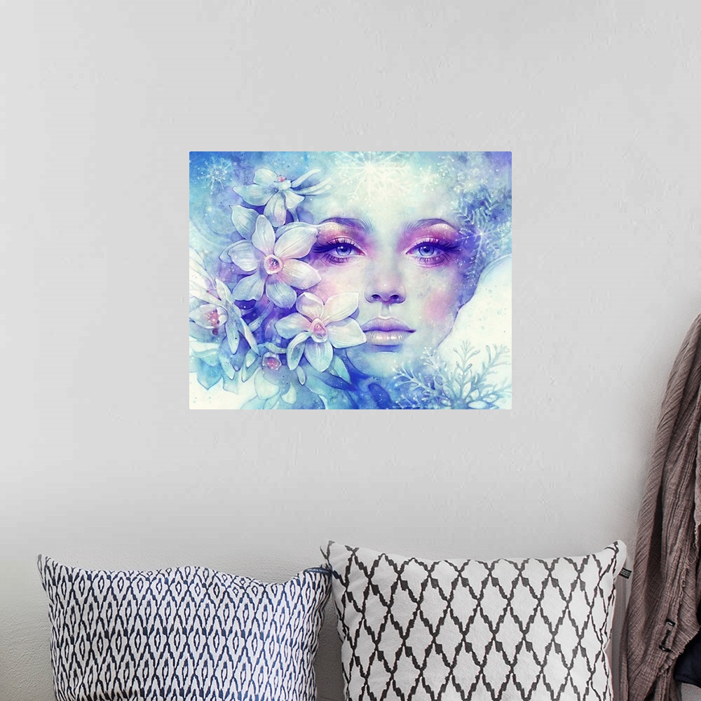A bohemian room featuring A contemporary painting of a portrait of a woman with flowers around her face and soft pink eye m...