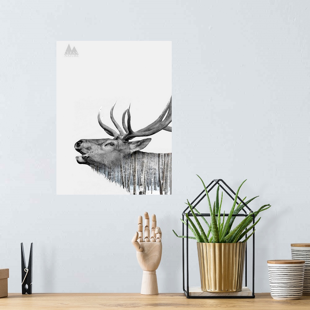 A bohemian room featuring A composite image of a deer merged with an image of a forest covered in snow.