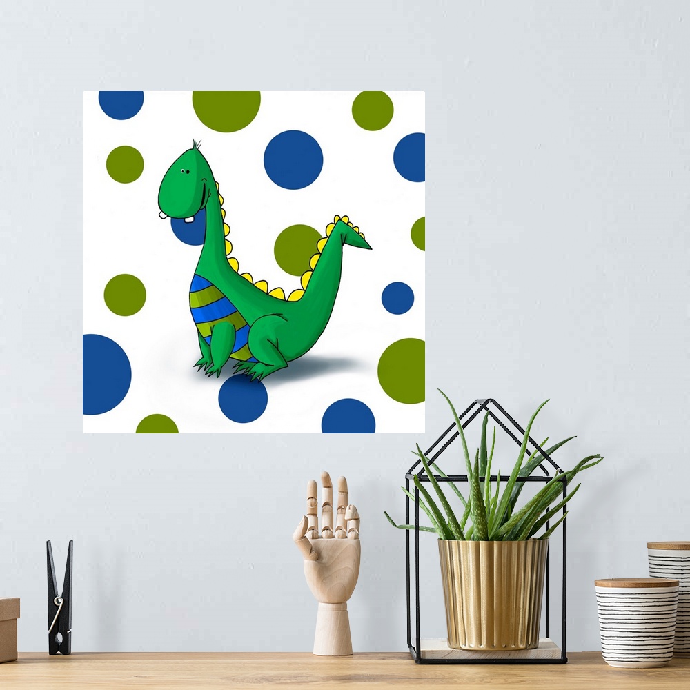 A bohemian room featuring Digital illustration of a dragon on a polka dot background.
