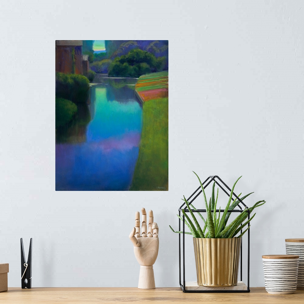 A bohemian room featuring A contemporary painting of a river flowing through a countryside.