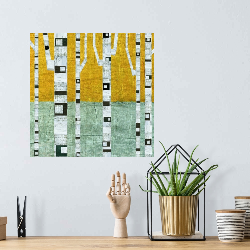 A bohemian room featuring Stylized painting of a forest of white and black birch trees.