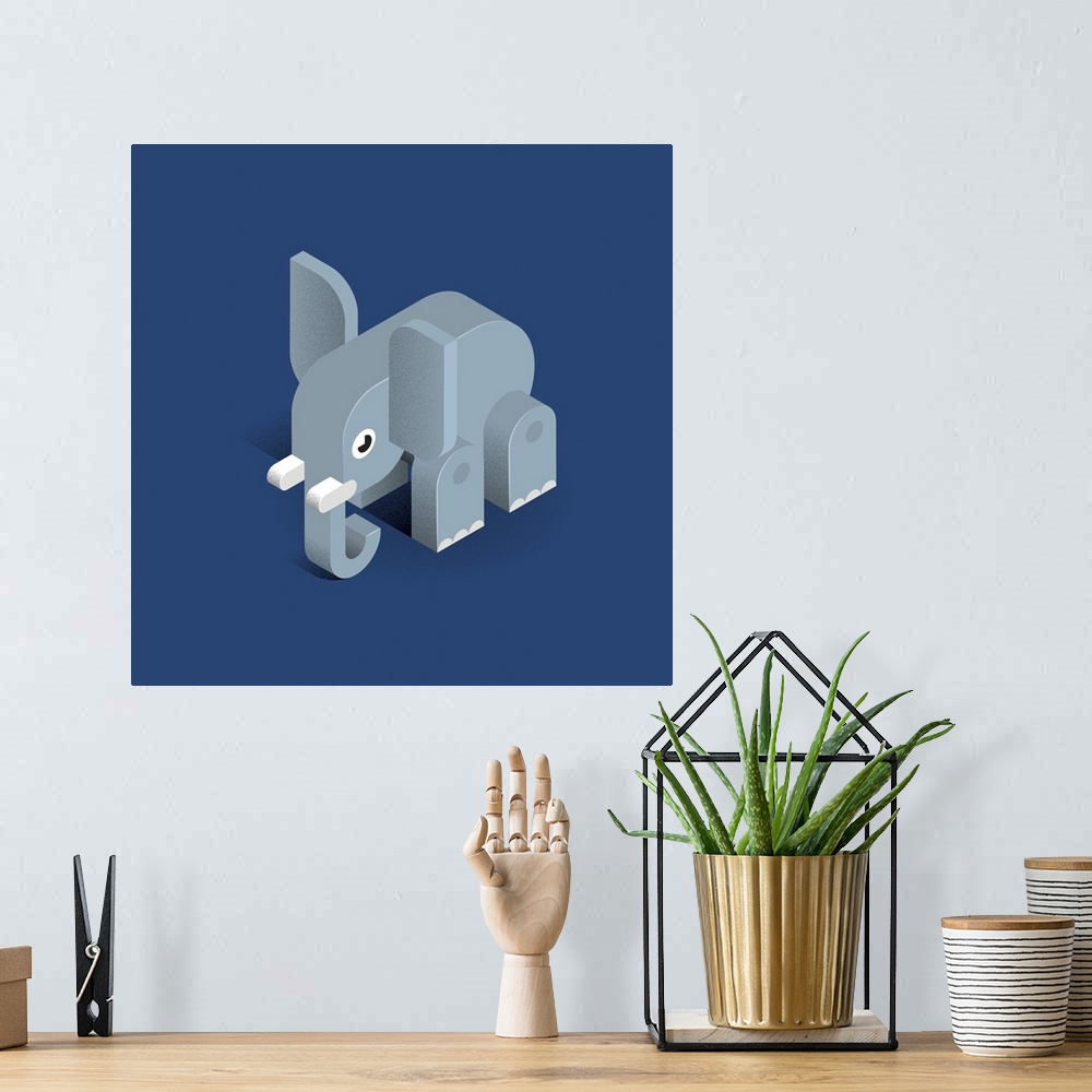 A bohemian room featuring Contemporary piece of artwork of a geometric yet soft looking blocky elephant.