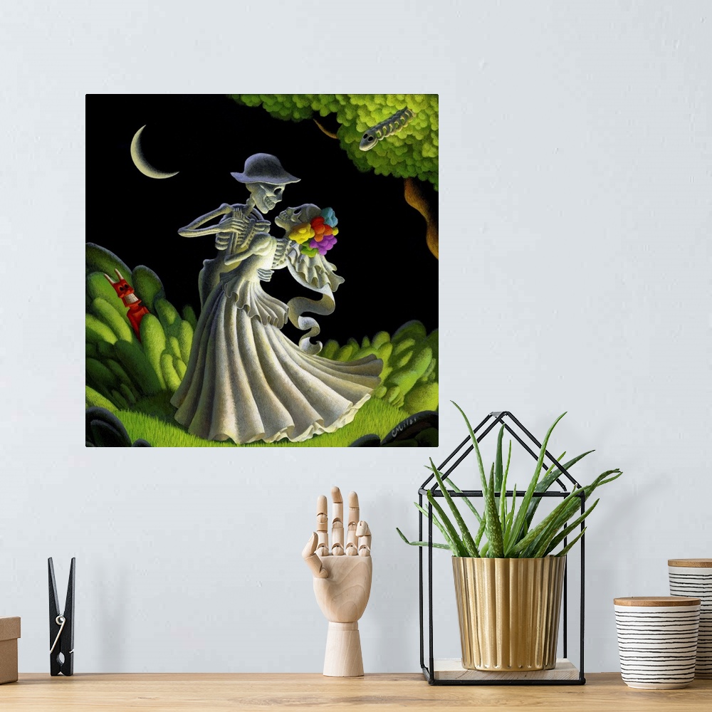 A bohemian room featuring Whimsical painting of two skeletons dancing in a moonlit landscape.