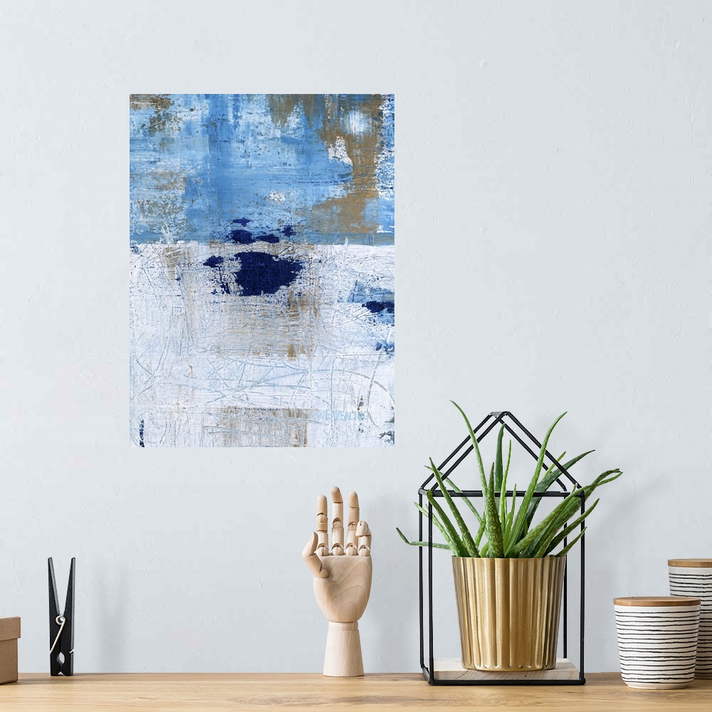 A bohemian room featuring A contemporary abstract painting using distressed blue and gray tones.