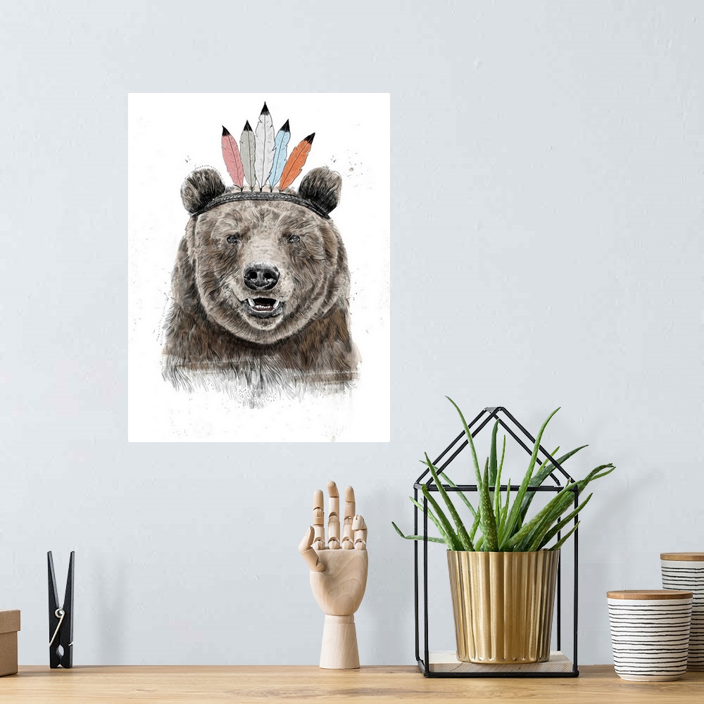 A bohemian room featuring Digital illustration of a bear wearing a feathered headdress.