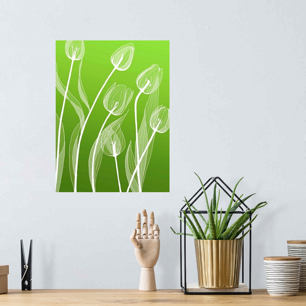 A bohemian room featuring A digital illustration of white flowers against a green background.