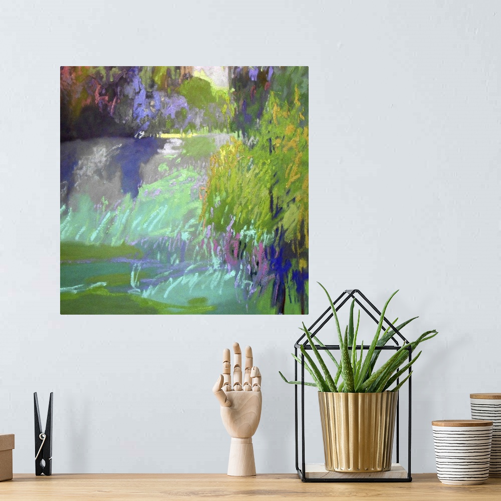 A bohemian room featuring Colorful contemporary landscape painting using vibrant tones of green.