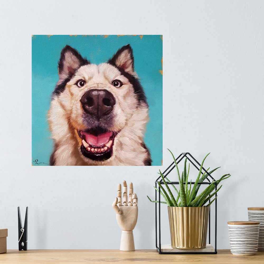 A bohemian room featuring A contemporary painting of a Siberian Husky against a blue backdrop.